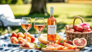 En picnic med en flaske rosé og to glas, omgivet af friske frugter og snacks, under en solrig himmel, der vækker afslapning og sommerglæde.