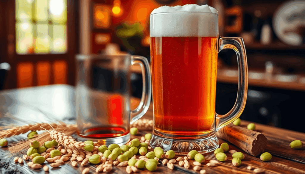 En skummende ølmug på et rustikt træbord, omgivet af byg og humle, placeret i en varm og hyggelig pub-atmosfære.