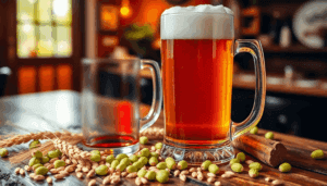 En skummende ølmug på et rustikt træbord, omgivet af byg og humle, placeret i en varm og hyggelig pub-atmosfære.