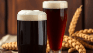 Et glas af rig, mørk lager med et skummende hoved, der viser en dyb mahognyfarve mod en baggrund, der antyder malt og byg, og som fremkalder varme ...