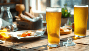 Et glas gyldengul lys lagerøl på et rustikt træbord, omgivet af traditionel dansk mad som smørrebrød og skaldyr, i lyst naturligt lys.