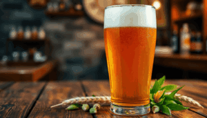 Et skummende glas af gylden ravfarvet India Pale Ale på et rustikt træbord, omgivet af humle og byg, med en hyggelig barindretning sløret i baggrun...