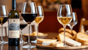 Et smukt arrangeret bord til vinprøvning, der har elegante glas med rød og hvid vin, en mærket flaske, gourmetoste og brød, med en blødt sløret bag...