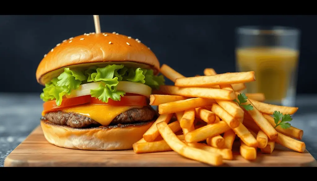 Cheeseburger med salat og tomat ved siden af en stor portion pommes frites