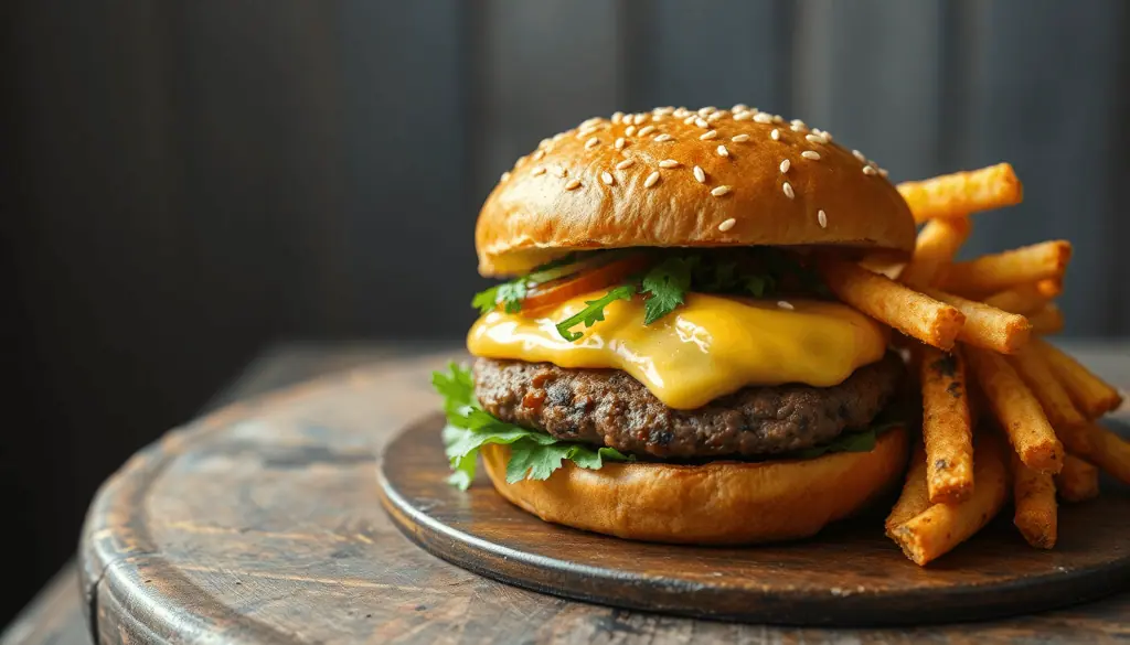 Cheeseburger med salat og tomat på et mørkt træbord med pommes frites bagved