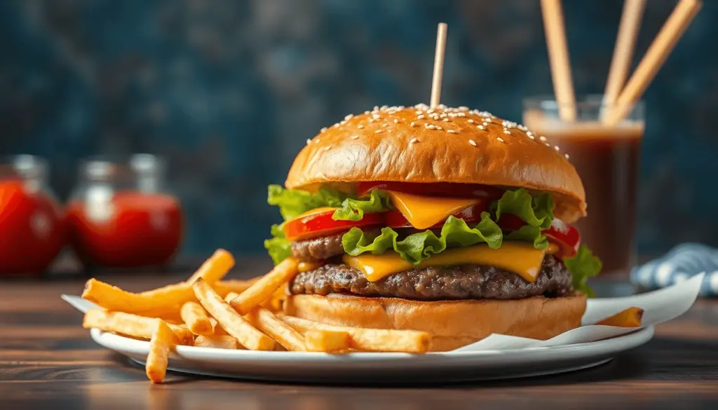 Cheeseburger og pommes frites på en hvid tallerken med ketchup og en milkshake