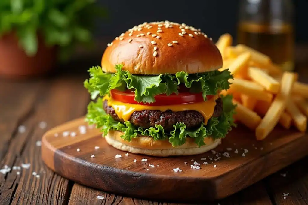 Cheeseburger med salat og tomat på et træbræt med pommes frites i baggrunden
