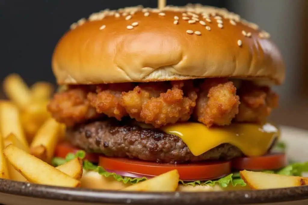 Nærbillede af en burger med sprød kylling og smeltet ost over et lag pommes frites