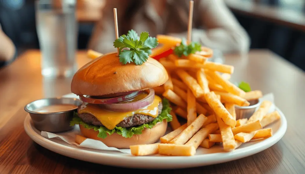 Burger og pommes frites på en hvid tallerken med en lille skål dip
