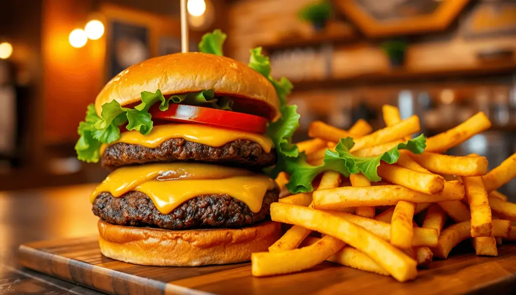Cheeseburger og pommes frites på et træbræt i en varmt oplyst restaurant