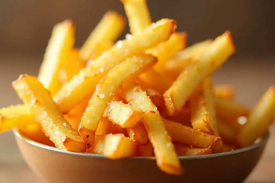 Gyldne pommes frites drysset med salt i en lys skål