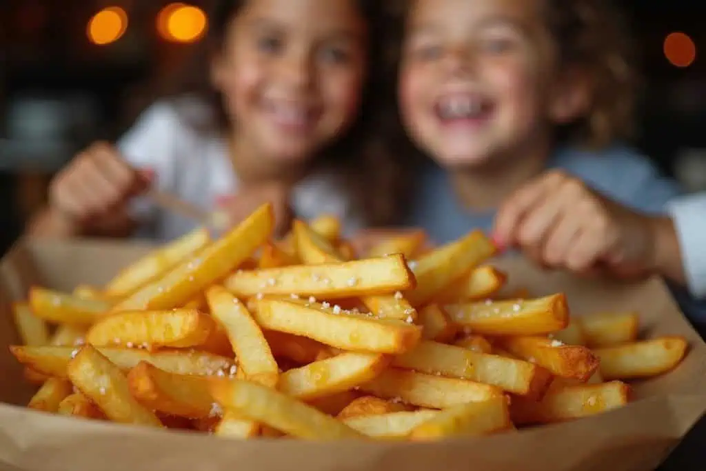 To smilende børn bag en stor portion gyldne pommes frites