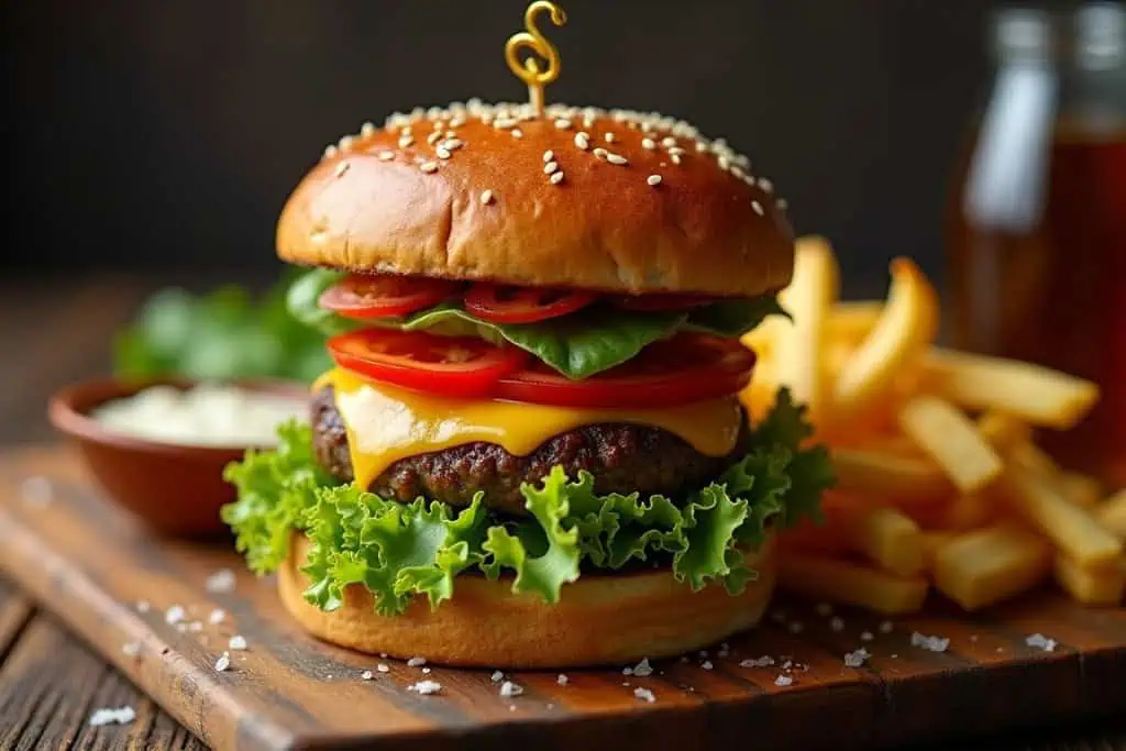 Høj cheeseburger med ost, tomat og salat på et træbræt, med pommes frites og en skål dip ved siden af