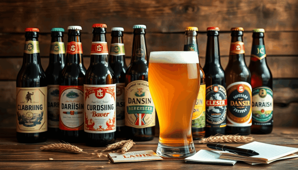 En udvalg af danske ølflasker på et rustikt træbord, ledsaget af et fyldt glas, byggryn og en smagenotatbog, alt sammen i varmt lys.