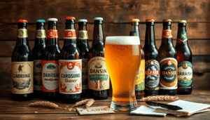 En udvalg af danske ølflasker på et rustikt træbord, ledsaget af et fyldt glas, byggryn og en smagenotatbog, alt sammen i varmt lys.