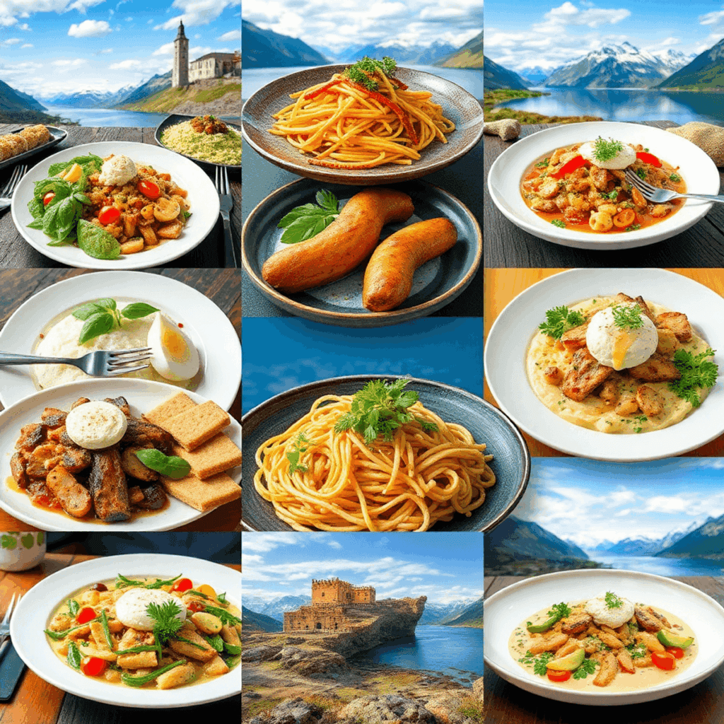 Collage af farverige norske retter med friske ingredienser og elegant anretning, sat mod naturskønne landskaber, der afspejler Norges rige kulinari...