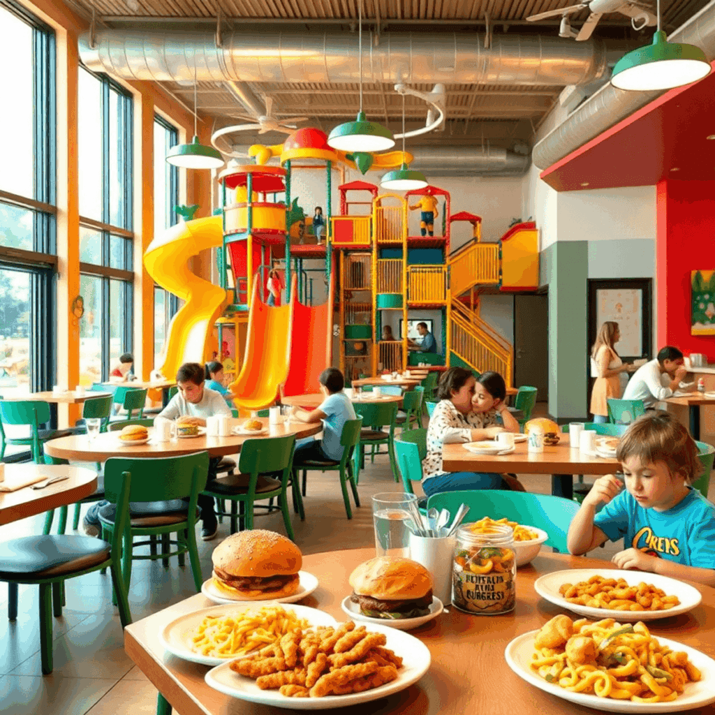 Lys og indbydende indretning af familierestaurant med farverig legeplads, rutsjebaner, hyggelige spiseborde med børnevenlige måltider, der skaber e...