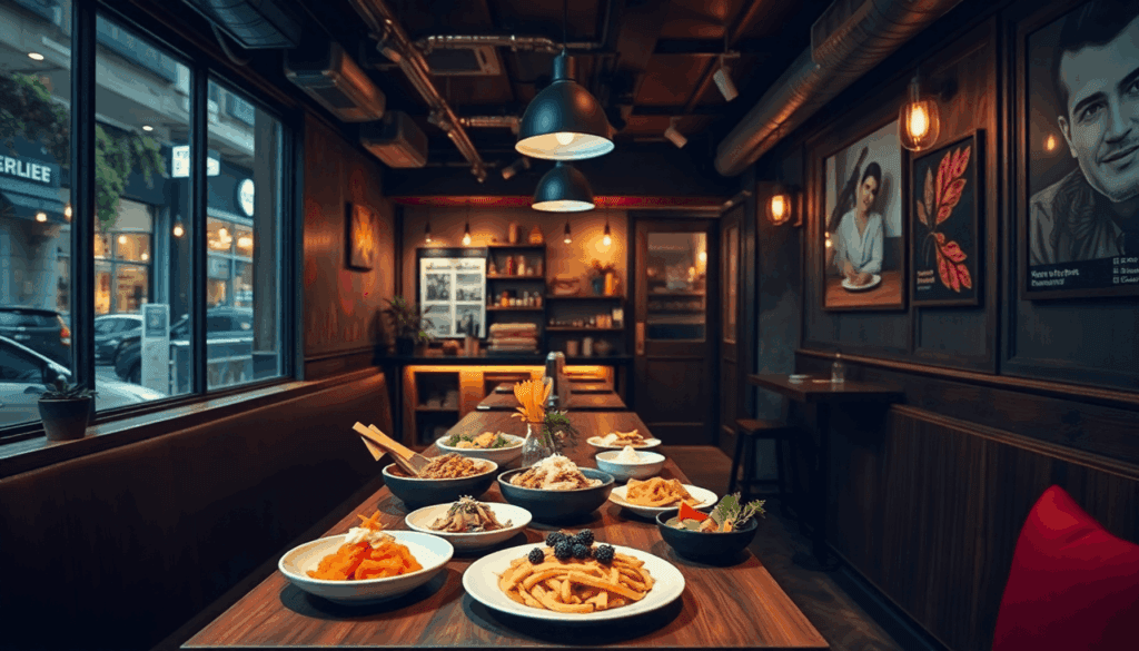 Hyggeligt moderne mikrorestaurantinteriør med varmt lys og farverige gourmetretter på et træbord, der skaber en intim urban spisestemning.