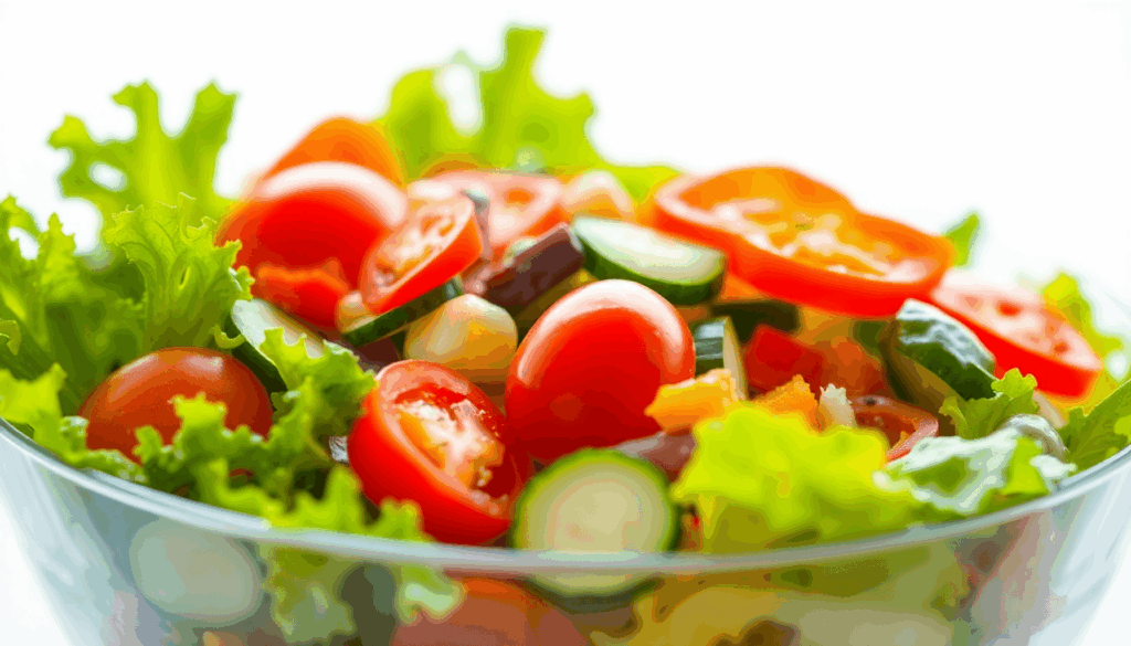 En farverig salatskål med frisk salat, tomater, agurker og peberfrugter under klart naturligt lys på en ren baggrund.