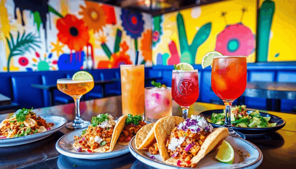 Farverige mexicanske tacos og kunstneriske cocktails på et bord med livlig abstrakt mexicansk-inspireret kunst i baggrunden, der skaber en livlig o...