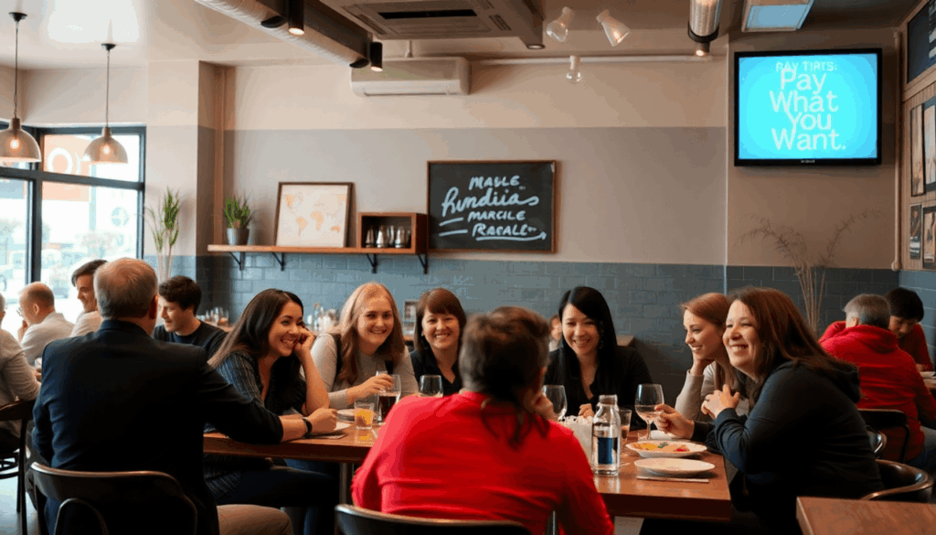 Glade kunder, der spiser i en moderne hyggelig restaurant med en synlig "Betal hvad du vil" menu tavle.