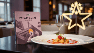 Gourmetret kunstfærdigt anrettet ved siden af en Michelin-guidebog og en lysende stjerne, placeret i en elegant restaurantindstilling.