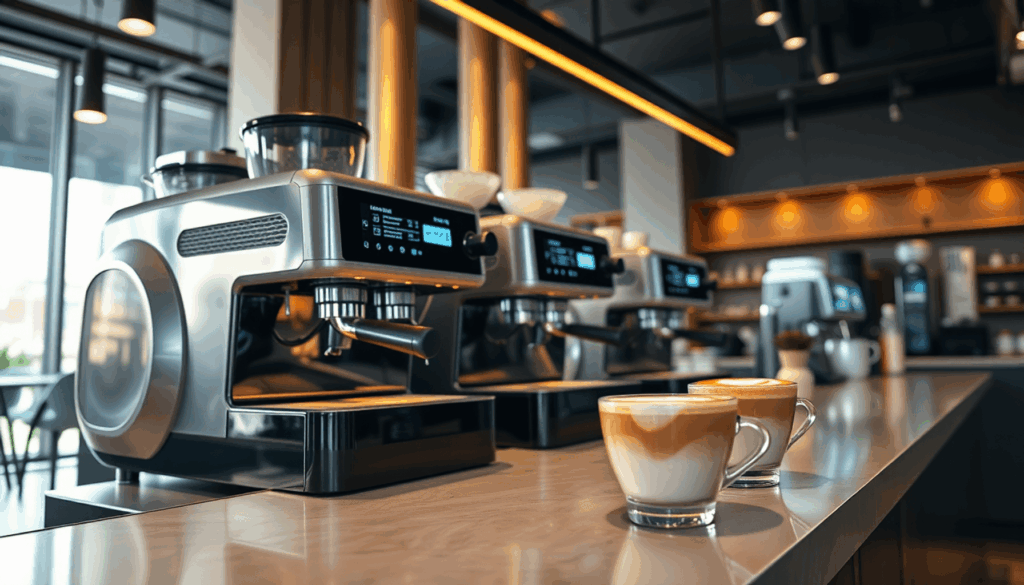 Moderne caféinteriør med avancerede espressomaskiner, varmt lys og specialkaffekopper med latteart, der fremhæver futuristisk kaffeteknologi.
