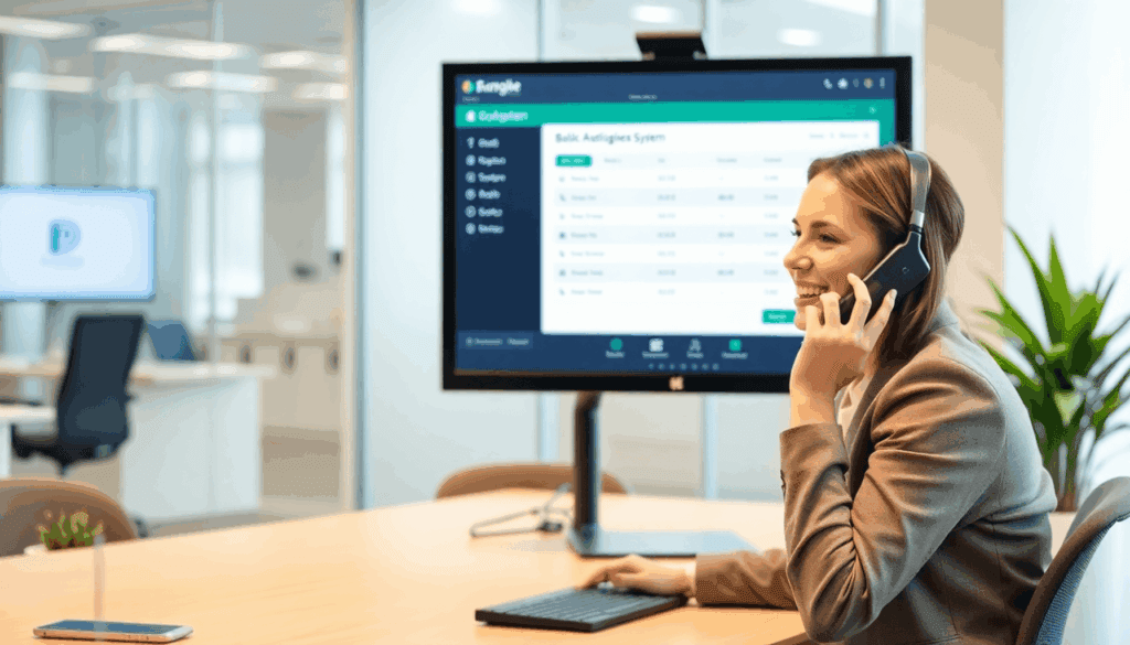 Moderne kontor med et slankt digitalt bookingsystem på skærmen og en smilende professionel, der varmt taler i telefon.