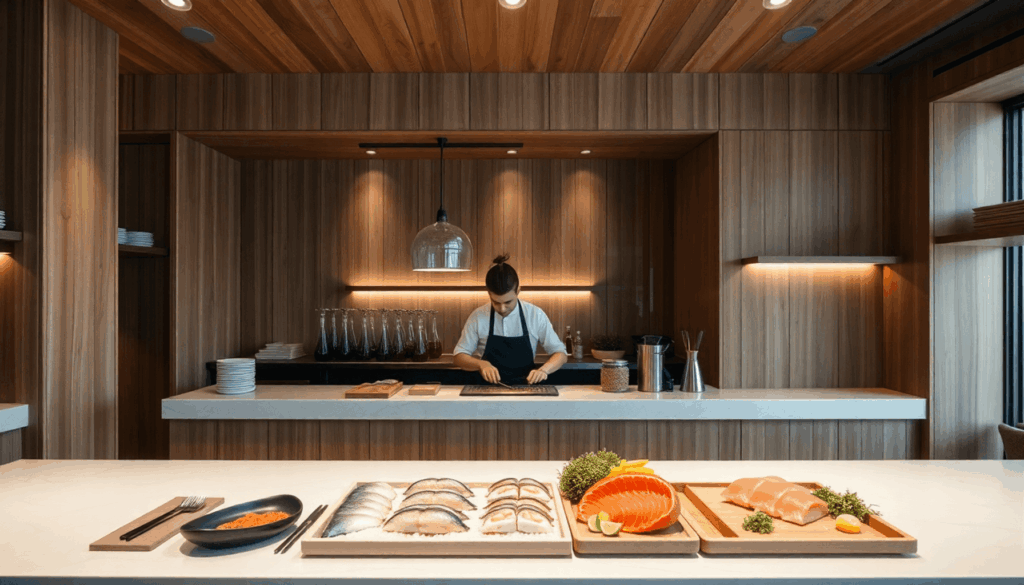 Minimalistisk sushi-restaurantinteriør med naturligt træ, blødt lys, en sushi-kok der forbereder sushi bag en disk med frisk fisk og nordiske ingre...