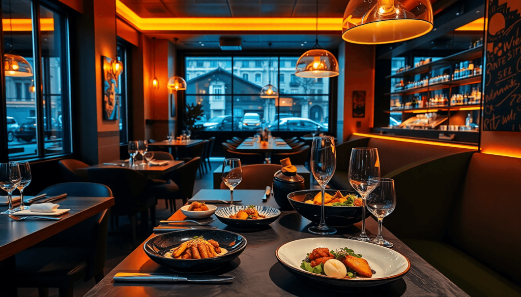 Elegant spisestue i en moderne skandinavisk restaurant med gourmetretter, kunstnerisk anretning og varmt stemningslys.