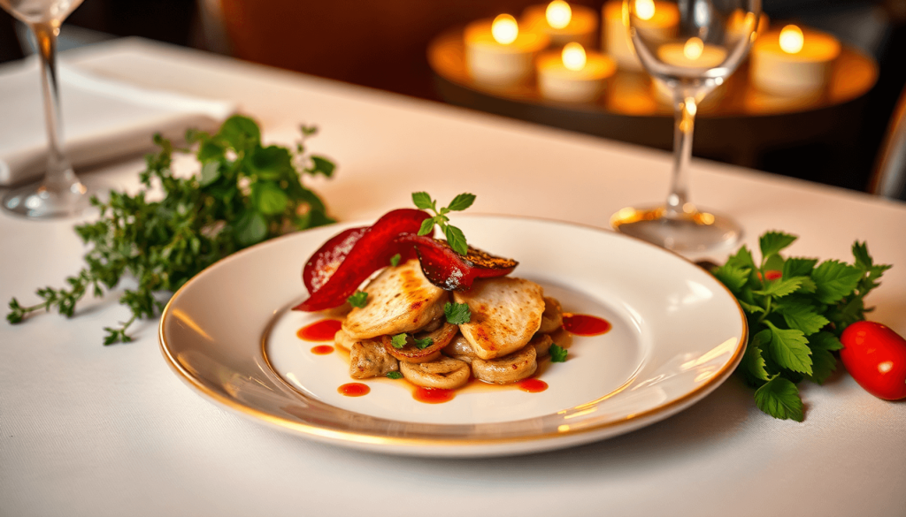 Gourmetret kunstfærdigt anrettet under varmt lys, med friske urter og farverige grøntsager i nærheden, der fremkalder en hyggelig, sofistikeret res...