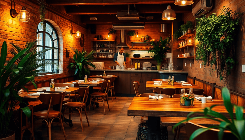 Hyggelig lille restaurant med træborde, frodige planter, varm belysning og en kok, der tilbereder mad i baggrunden, hvilket skaber en indbydende at...