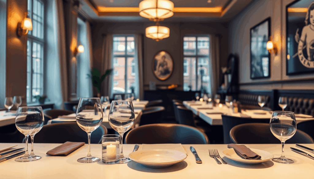 Hyggelig restaurant i København med et smukt dækket bord, elegante retter, blødt lys og subtile danske designelementer.