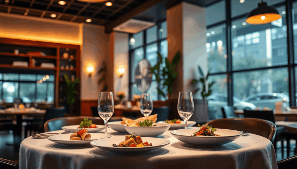 Hyggelig restaurantindretning med blødt lys, et smukt dækket bord med elegante retter, der vækker kreativitet og passion i en varm spisestemning.