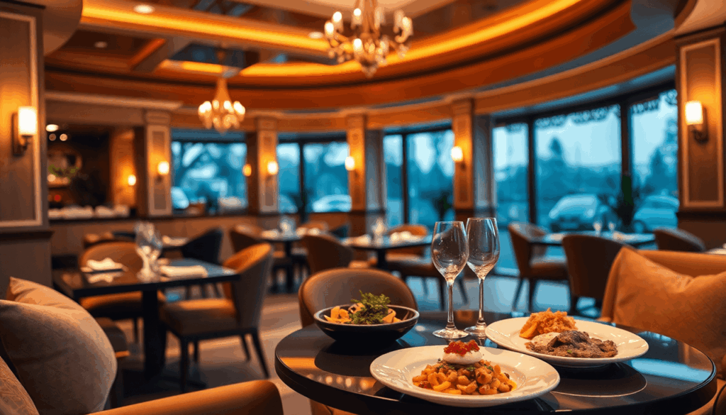 Hyggeligt elegant restaurantinteriør med varmt lys, komfortable siddepladser og smukt anrettede gourmetretter på et bord, der indbyder til afslapni...