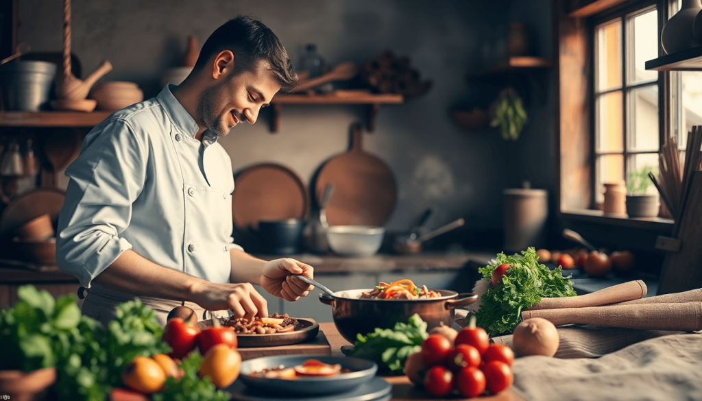 Kok forbereder et hjemmelavet måltid i et varmt køkken med friske grøntsager, rustikke træoverflader og traditionelle redskaber under blødt naturli...