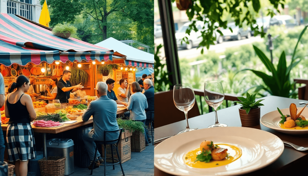 Udendørs madmarked i Danmark med farverige boder, glade mennesker der spiser, og et elegant fint spisebord i nærheden blandt grønne omgivelser og k...