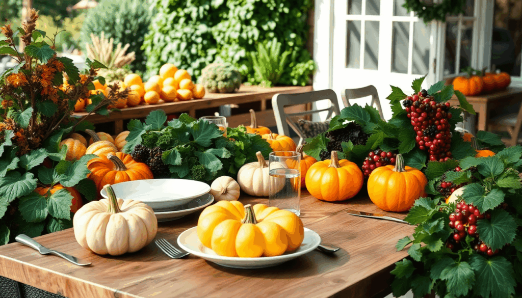 Udendørs rustik trætabelsæt til spisning, omgivet af friske sæsonbestemte frugter og grøntsager under blødt naturligt sollys.