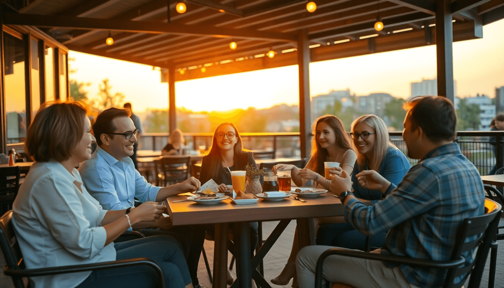 En gruppe mennesker deler et måltid på en udendørs café ved solnedgang, med afslappet siddepladser og en urban baggrund, der symboliserer forbindelse.