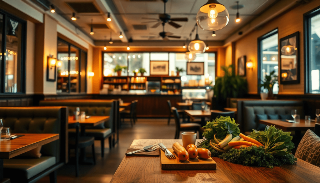 Hyggelig restaurantindretning med varmt lys, komfortable siddepladser og et træbord, der viser køkkenredskaber og friske ingredienser.