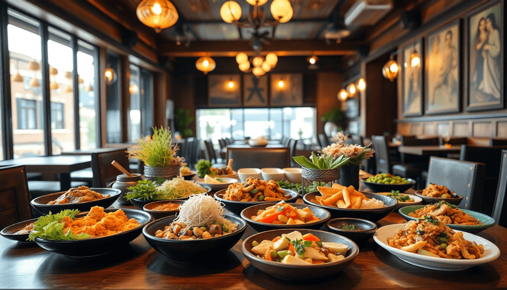 Hyggeligt restaurantbord med farverige traditionelle og moderne retter under varmt stemningsbelysning, der præsenterer en rig og indbydende gastron...