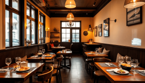 Lunt belyst dansk restaurantinteriør med træborde dækket med traditionelle retter og subtil nordisk indretning, der skaber en hyggelig og autentisk...