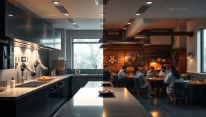Splitbillede af et elegant high-tech køkken med robotter på den ene side og en varm, hyggelig pop-up restaurant med gæster på den anden side.