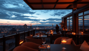 Tagrestaurant på taget ved skumringstid med varm belysning, elegant spiseopsætning, panoramiske udsigt over Københavns bybillede og subtile nordisk...