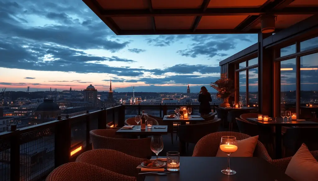 Tagrestaurant Paa Taget Ved Skumringstid Med Varm B 179b12a1 1af9 43c4 84c5 Edc5e11ec2c3