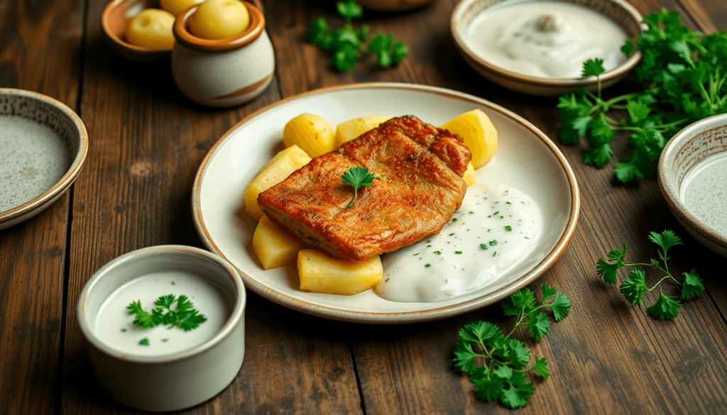 En rustik trækantet bord med et traditionelt dansk måltid bestående af sprødt svinekød, kogte kartofler, cremet persillesauce, keramikskåle og fris...