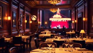 Hyggelig elegant restaurantindretning med varmt lys, pænt dækkede borde, subtilt klokkesymbol og sløret teaterplakat i baggrunden, ingen synlige me...