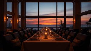 Hyggelig, elegant restaurantspisescene ved solnedgang med blødt oplyst bord, fint service, stearinlys og varmt ambiente lys, der skaber en rolig, i...