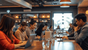 Hyggelig moderne restaurant med varmt lys, gæster der bruger bærbare computere og smartphones, samt subtile lysende Wi-Fi-ikoner i baggrunden, der ...