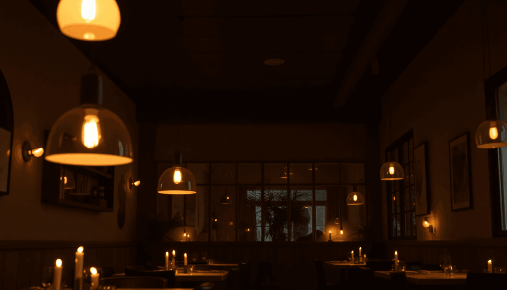 Hyggelig restaurantindretning med dæmpet belysning, varme pendellamper, stearinlys, naturligt træ og minimalistisk skandinavisk design, der skaber ...